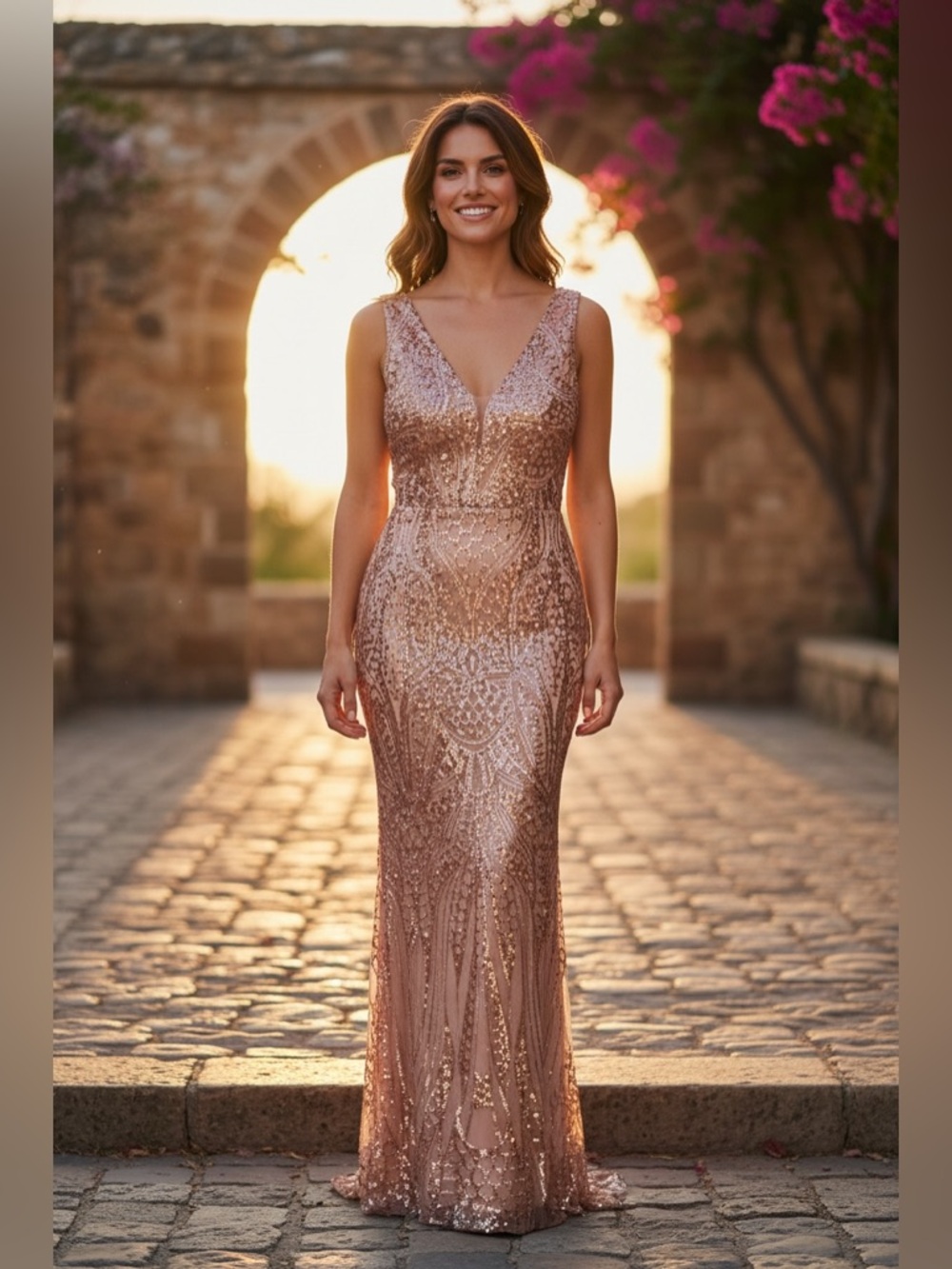 Sequin Embellished V-Neck Maxi Dress in Rose Gold